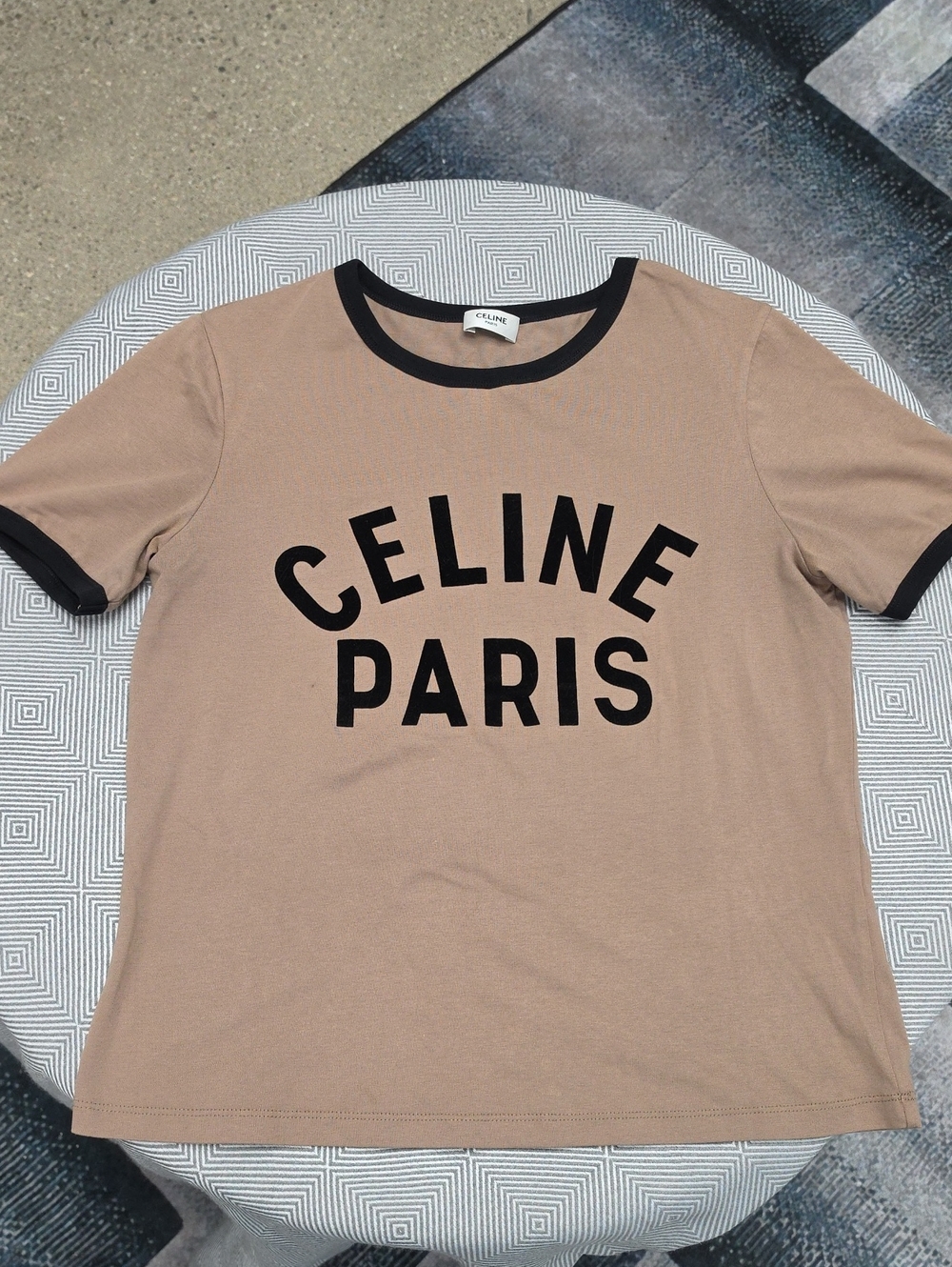 Celine Tan Short Sleeve Logo Ringer Tee with Black Trim